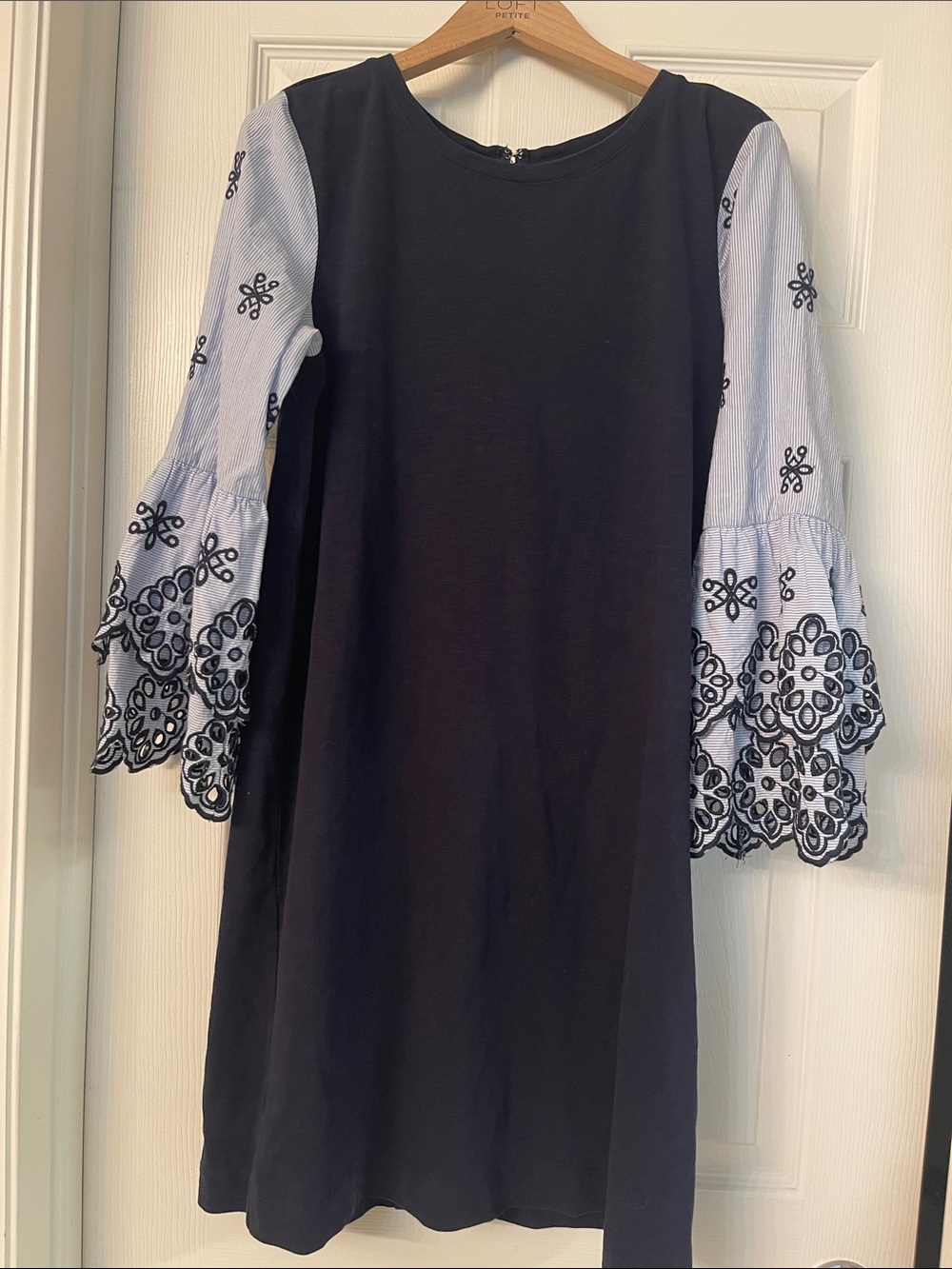 LOFT Navy blue Shift Dress with White Embroidered Bell Sleeves
